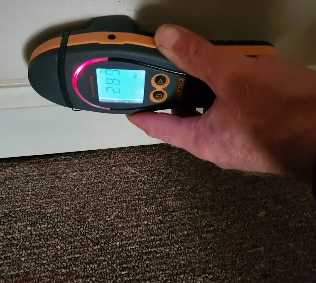 Moisture detection at baseboard during Storm Damage Restoration in Redford
